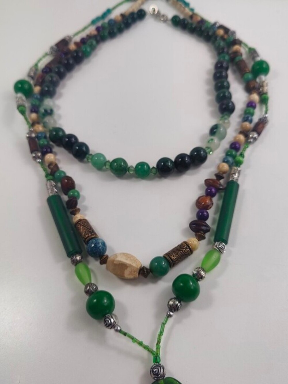 Boho Green Layered Necklace Bundle Jade Agate Jasper Glass Beads Artisan 3 Pc - Picture 3 of 16
